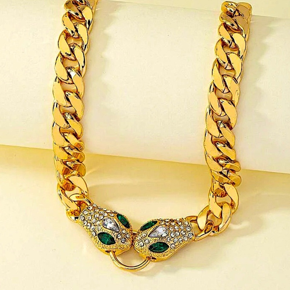 Gold Snake Chain Link Curb Cuban Emerald Zircon Choker Necklace - Picture 3 of 3